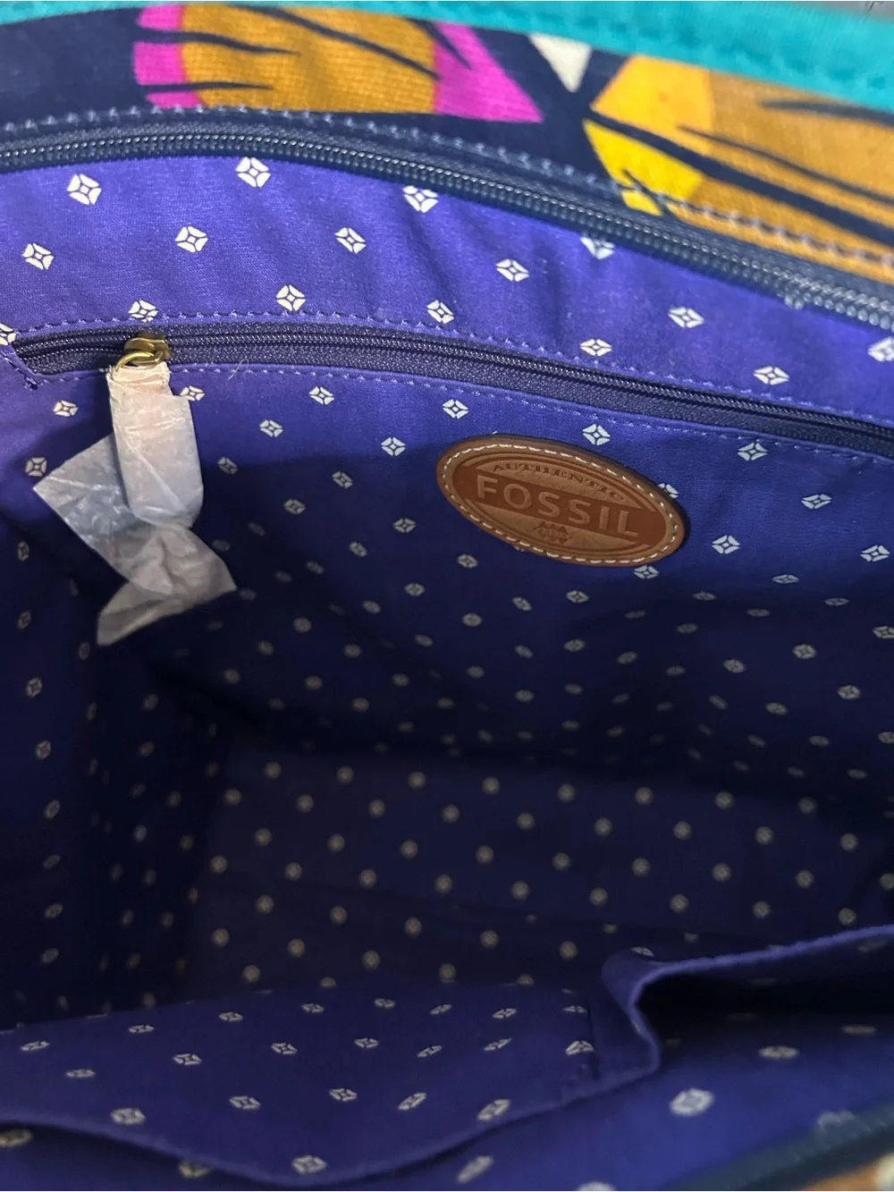 Fossil Navy Floral Fan-Print Tote with Tan Handles and Teal Trim - Picture 8 of 14